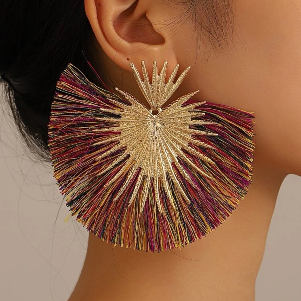 Fanned Out Fringe Earrings - Red - Picture 2 of 10